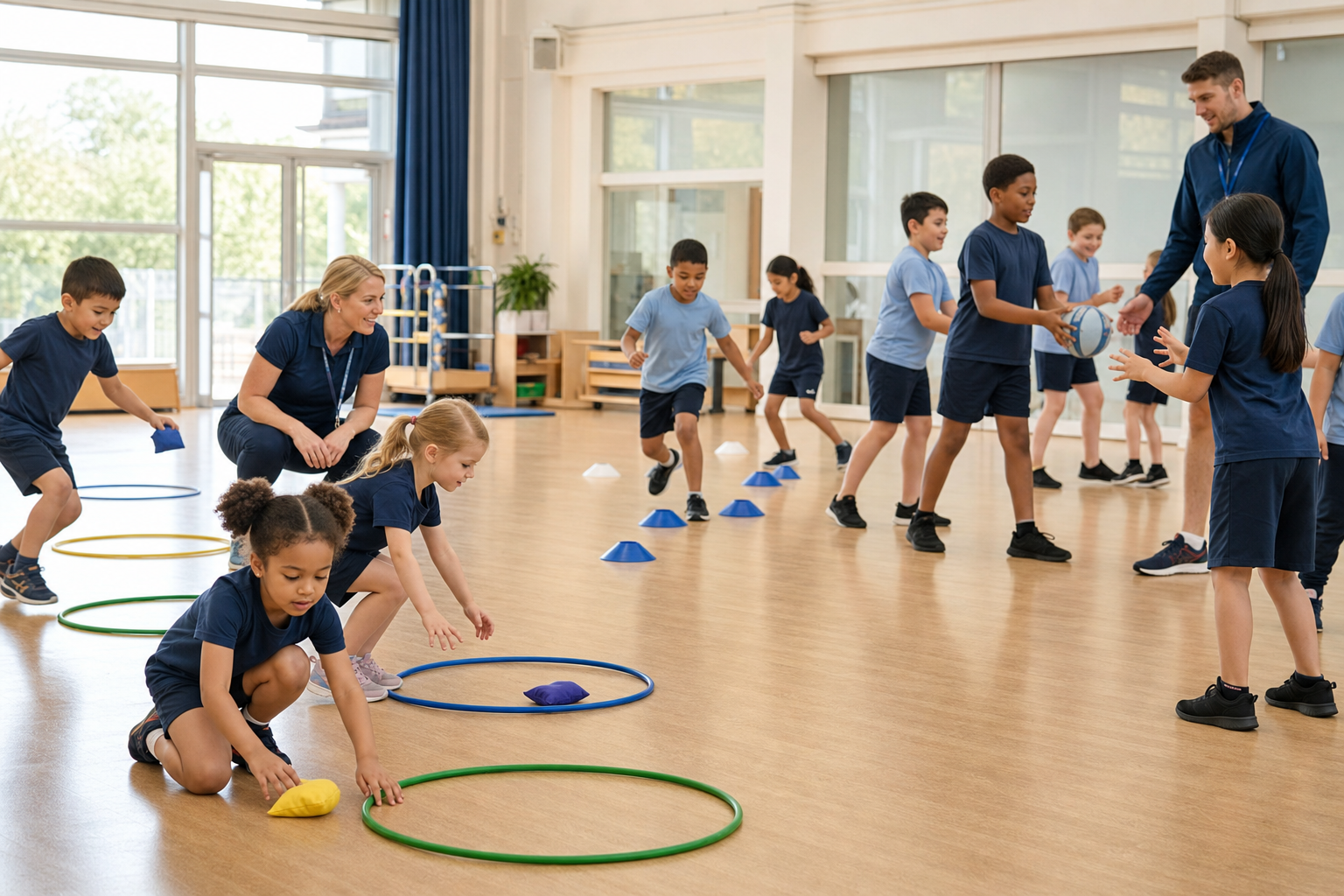 Primary pupils across different age groups taking part in supervised PE activities in a school hall