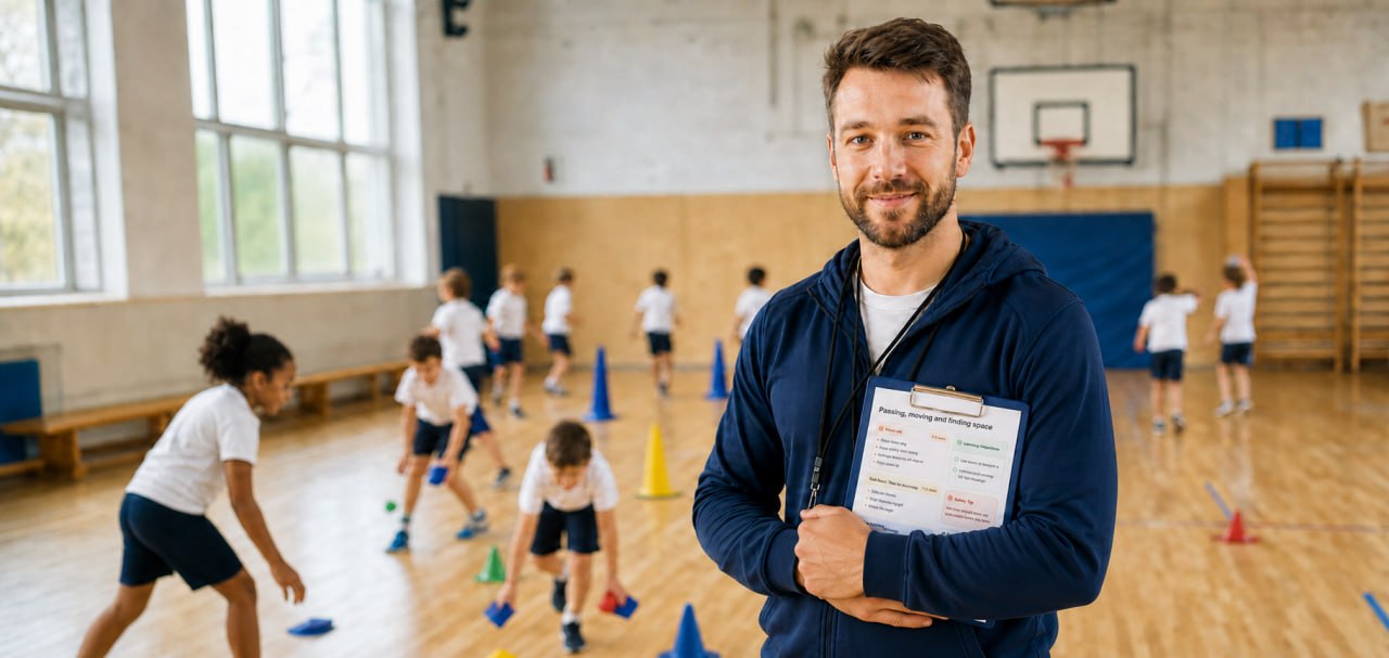 Primary school teacher holding a PE lesson plan while pupils take part in a school hall activity