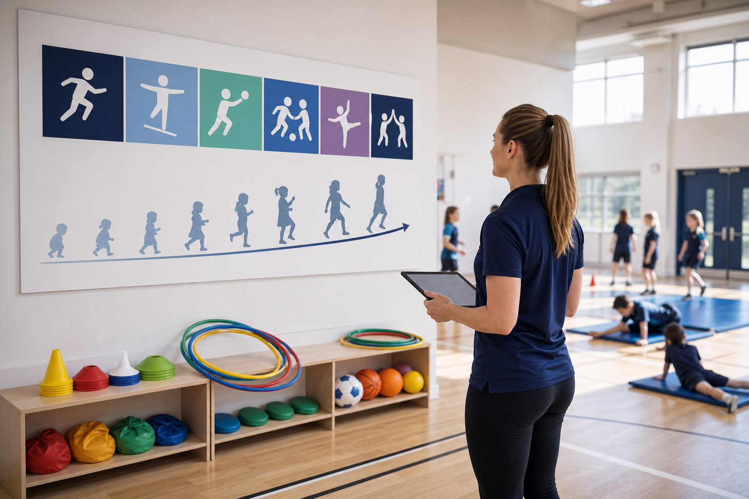 PE coordinator reviewing a progression pathway display in a primary school sports hall