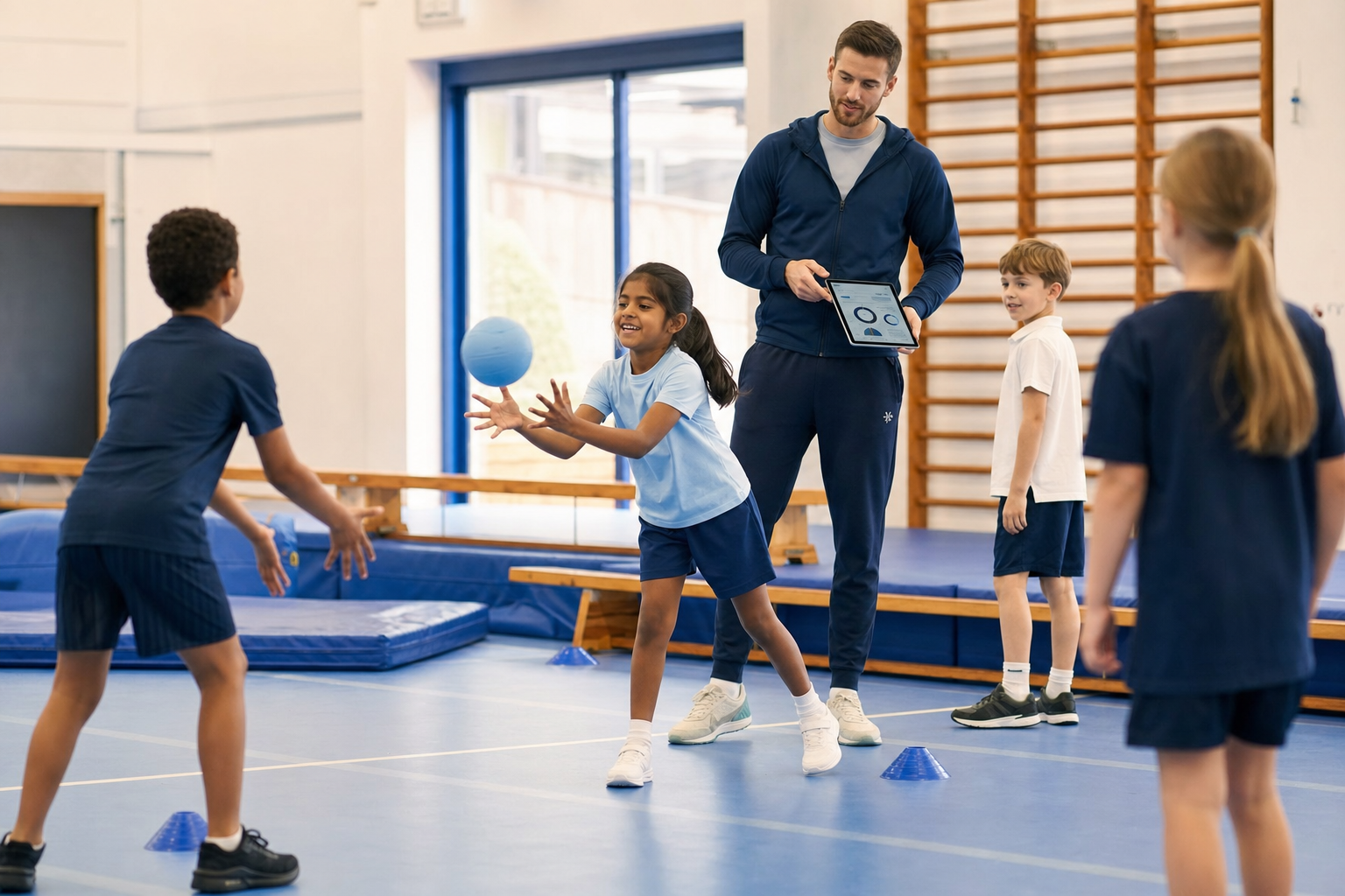 Primary school teacher observing pupils during a PE activity while using a tablet for assessment